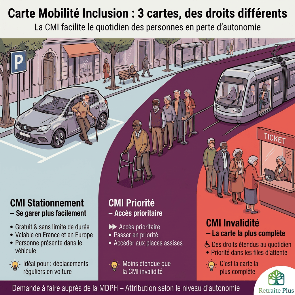 Découvrez l'infographie de Retraite Plus pour connaître les différents types de carte mobilité inclusion - CMI