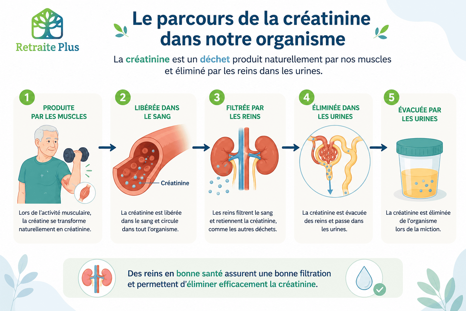 Créatinine : le parcours dans notre organisme - Retraite Plus Comment la créatinine est-elle éliminée par l'organisme ? Fiche pratique Retraite Plus