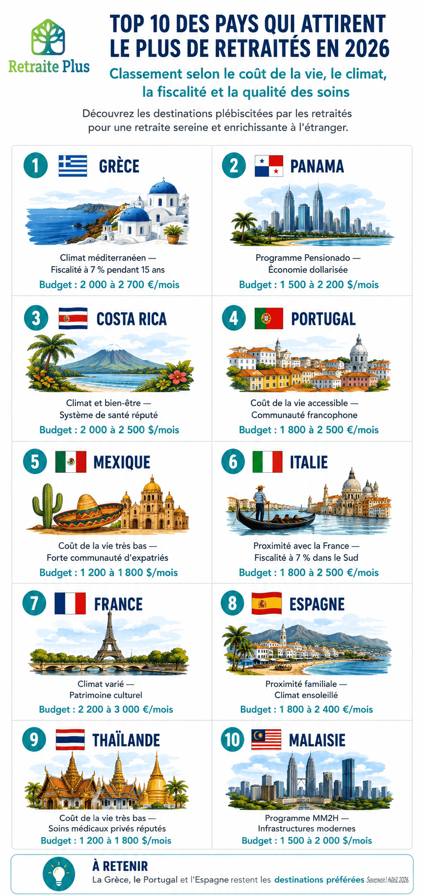 Le top 10 des pays pour passer sa retraite - Infographie Retraite Plus