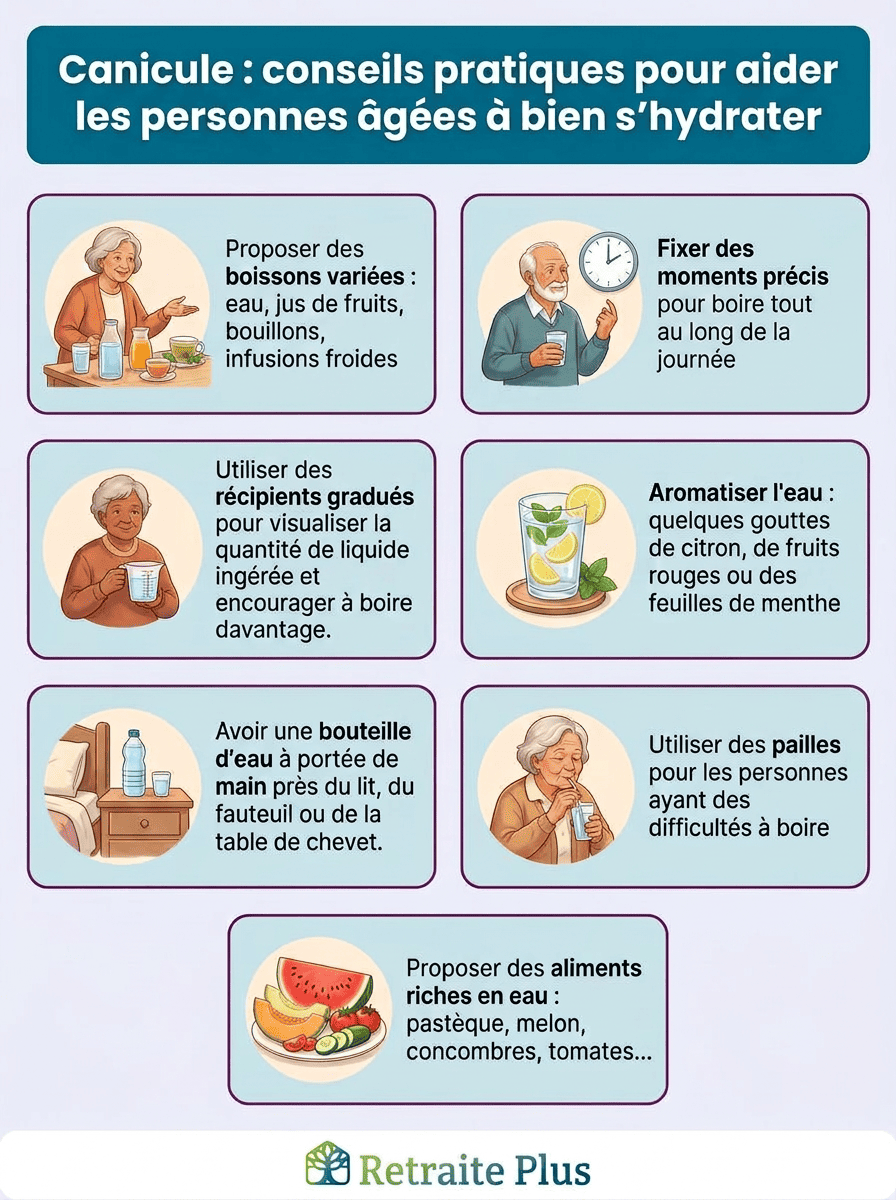 Canicule : conseils pour éviter la deshydratation chez les seniors Canicule : une fiche pratique pour connaître les bons gestes pour protéger les seniors en cas de fortes chaleurs - Retraite Plus