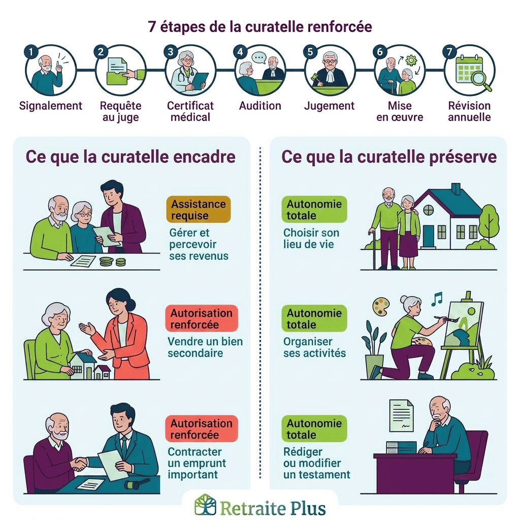 Curatelle renforcée : comment l'obtenir et quels sont les droits des personnes protégées ? Infographie de Retraite Plus