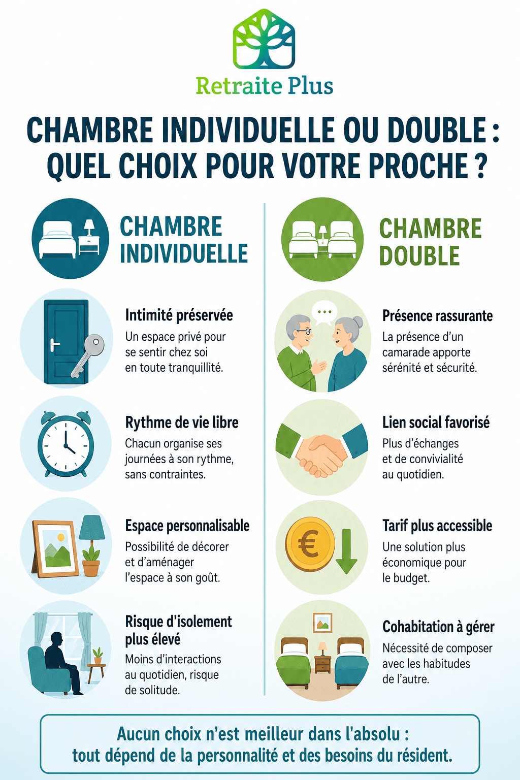Chambre simple ou double en EHPAD : quelle solution choisir ? Quels sont les avantages et les inconvénients des chambres simples ou doubles en EHPAD ? Une infographie proposée par Retraite Plus